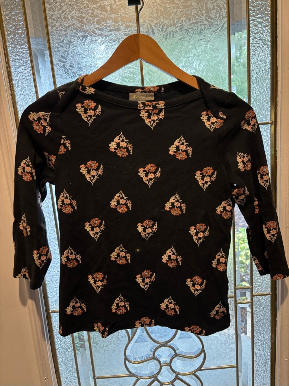 Style & Co. Black Floral Crewneck Top with Peach Accents